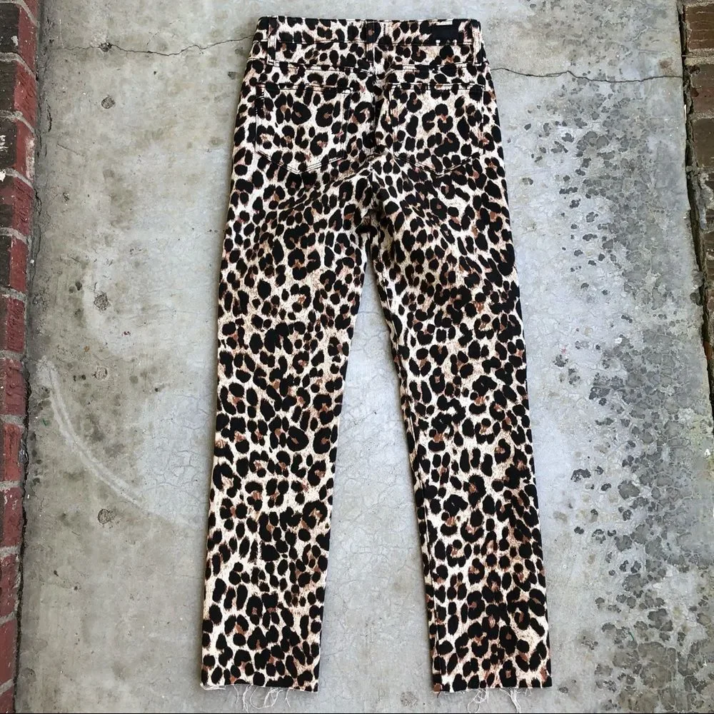 Paige Hoxton Straight Ankle hi high waisted Jeans Leopard Print brown raw hem 24